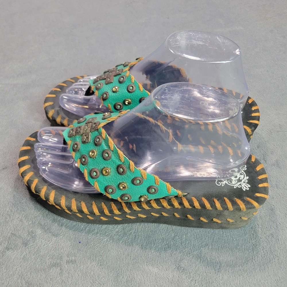 Sassy Sistas Womens 8 Turquoise Studded Cross Platform Flip Flop Whipstitch Boho